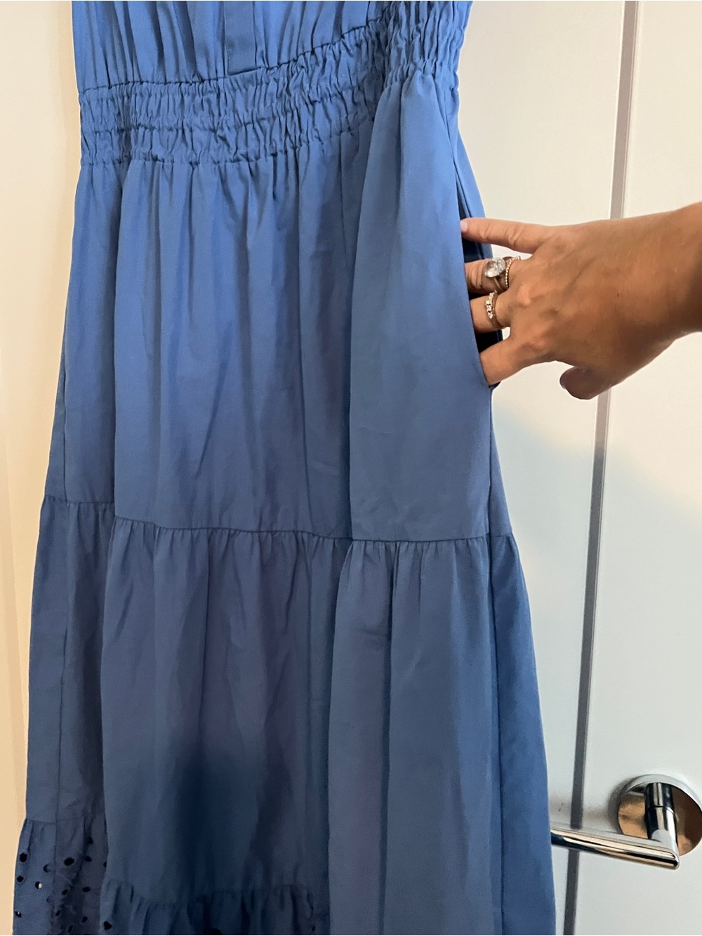 Cynthia Rowley Blue Eyelet Embroidered Tiered Midi Dress Smocked Size Large - Picture 11 of 13
